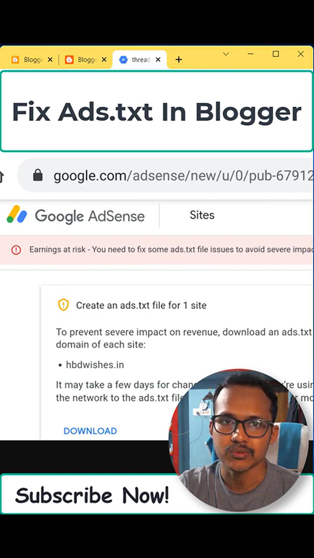 'Video thumbnail for How To Fix Ads.txt In Blogger _ Earning At Risk AdSense'