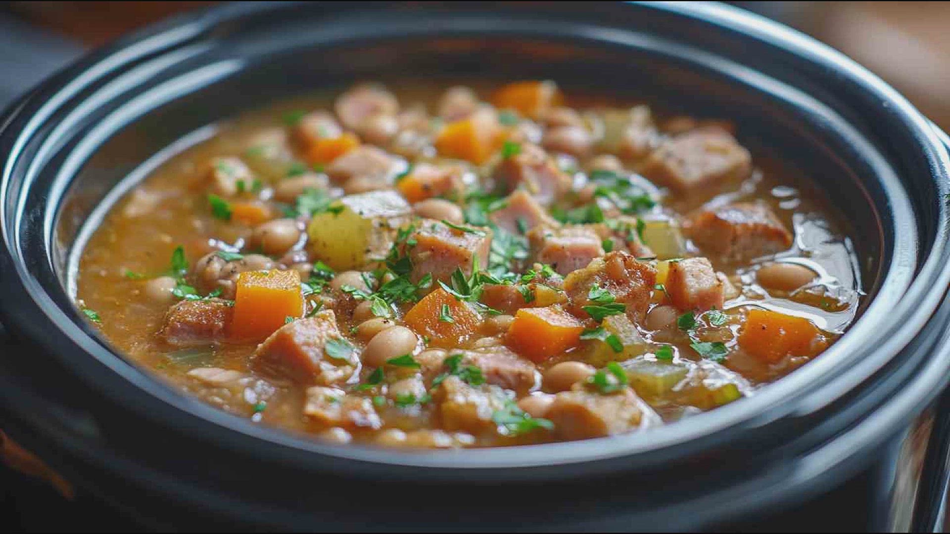 'Video thumbnail for Slow Cooker Ham and Bean Soup Recipe'