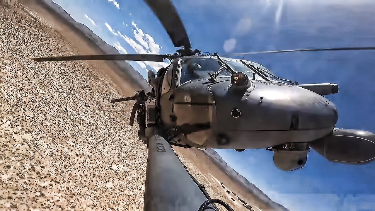 Video thumbnail for View Of Pave Hawk Helicopter In-Flight From Fuel Probe