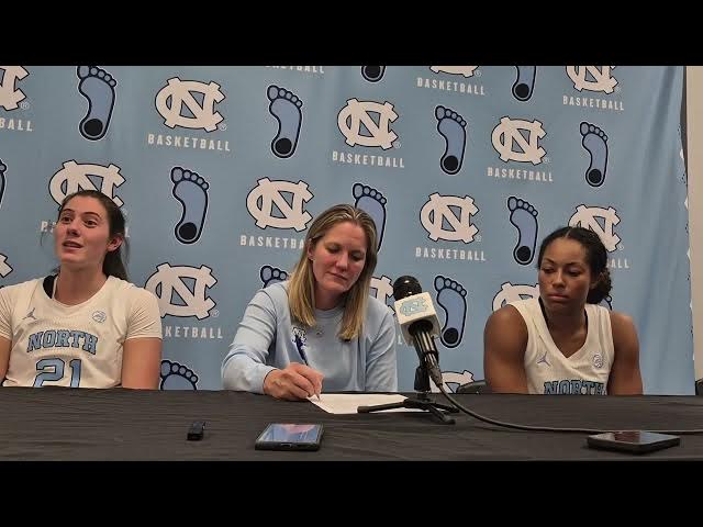 Video thumbnail for #UNC forward Ciera Toomey, Coach Courtney Banghart and guard Indya Nivar after win over Elon