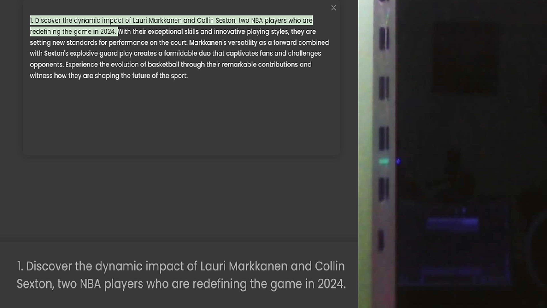 Video thumbnail for 1. Discover the dynamic impact of Lauri Markkanen and Collin Sexton, two NBA players who are redefining the game in 2024. With their exceptional skills and innovative playing styles, they are setting new standards for performance on the c