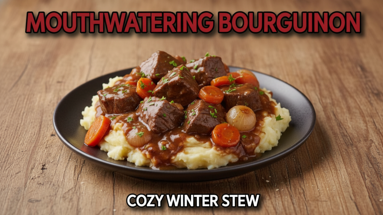 Video thumbnail for Classic Beef Bourguignon – Tender Beef Stew in Rich Red Wine Sauce
