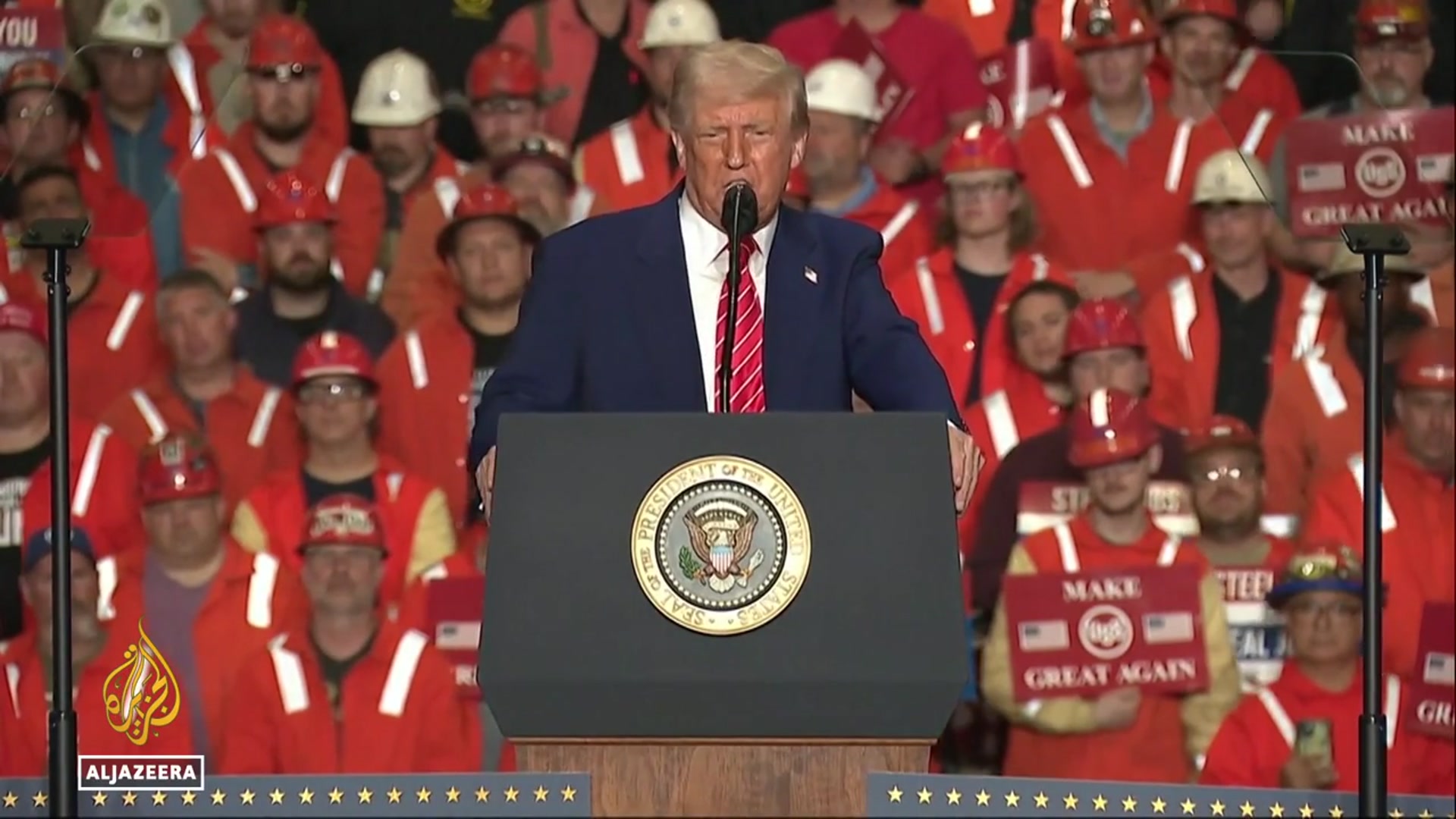 'Video thumbnail for US to double steel import tariffs: Trump announces new levies during visit to factory'