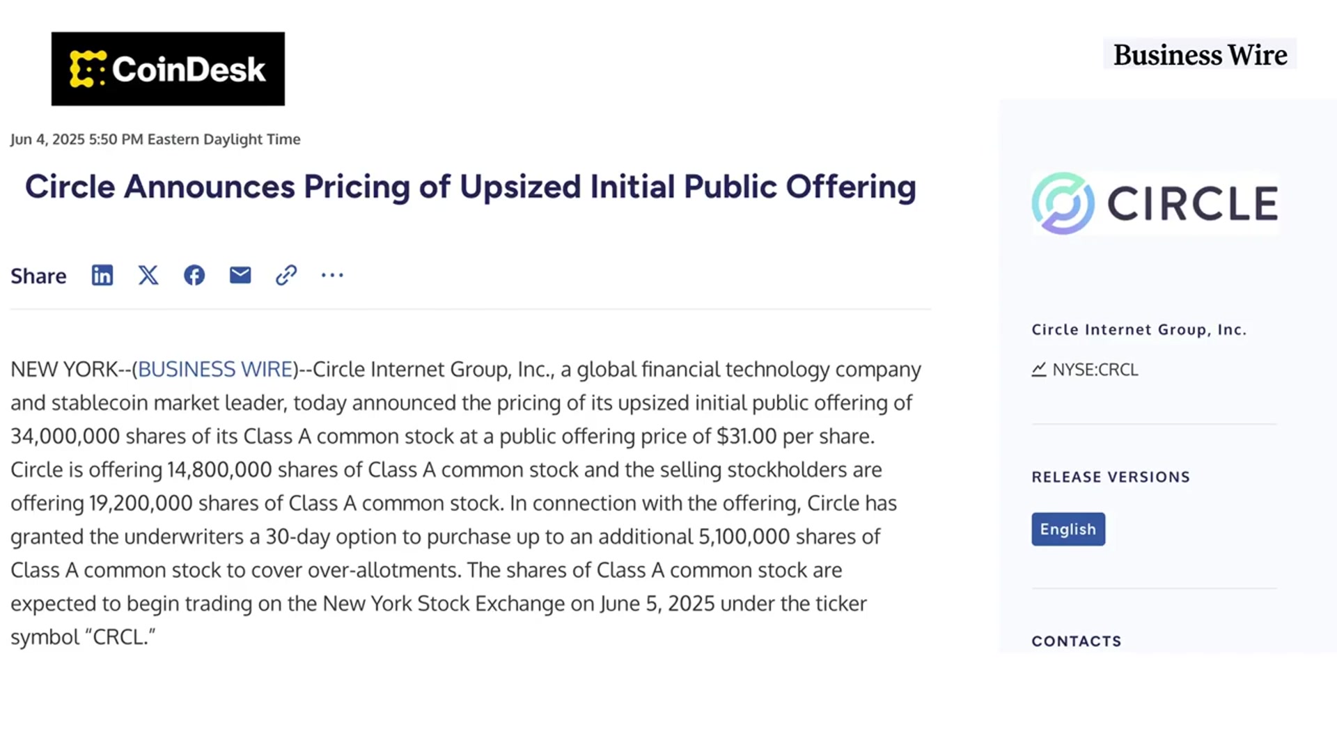 'Video thumbnail for Circle Shares Soar on NYSE Debut'