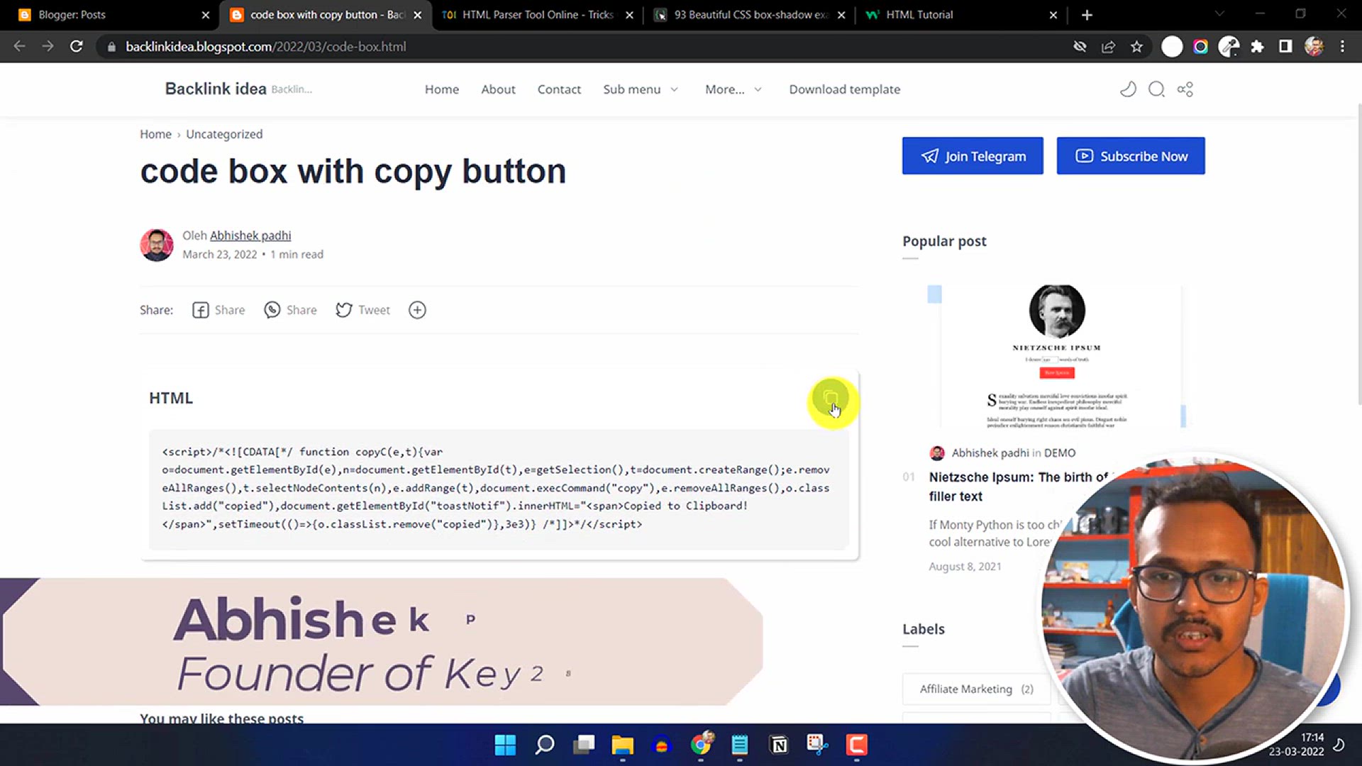 'Video thumbnail for Copy to Clipboard Button using HTML, CSS & JavaScript _ Code Box _ Blogger Tutorial'
