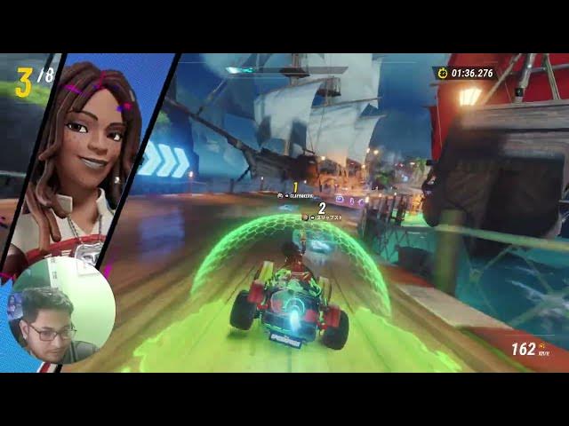 'Video thumbnail for cartoon racing video game, vibrant colors, dynamic action, futuristic go-kart track, sailing ships'