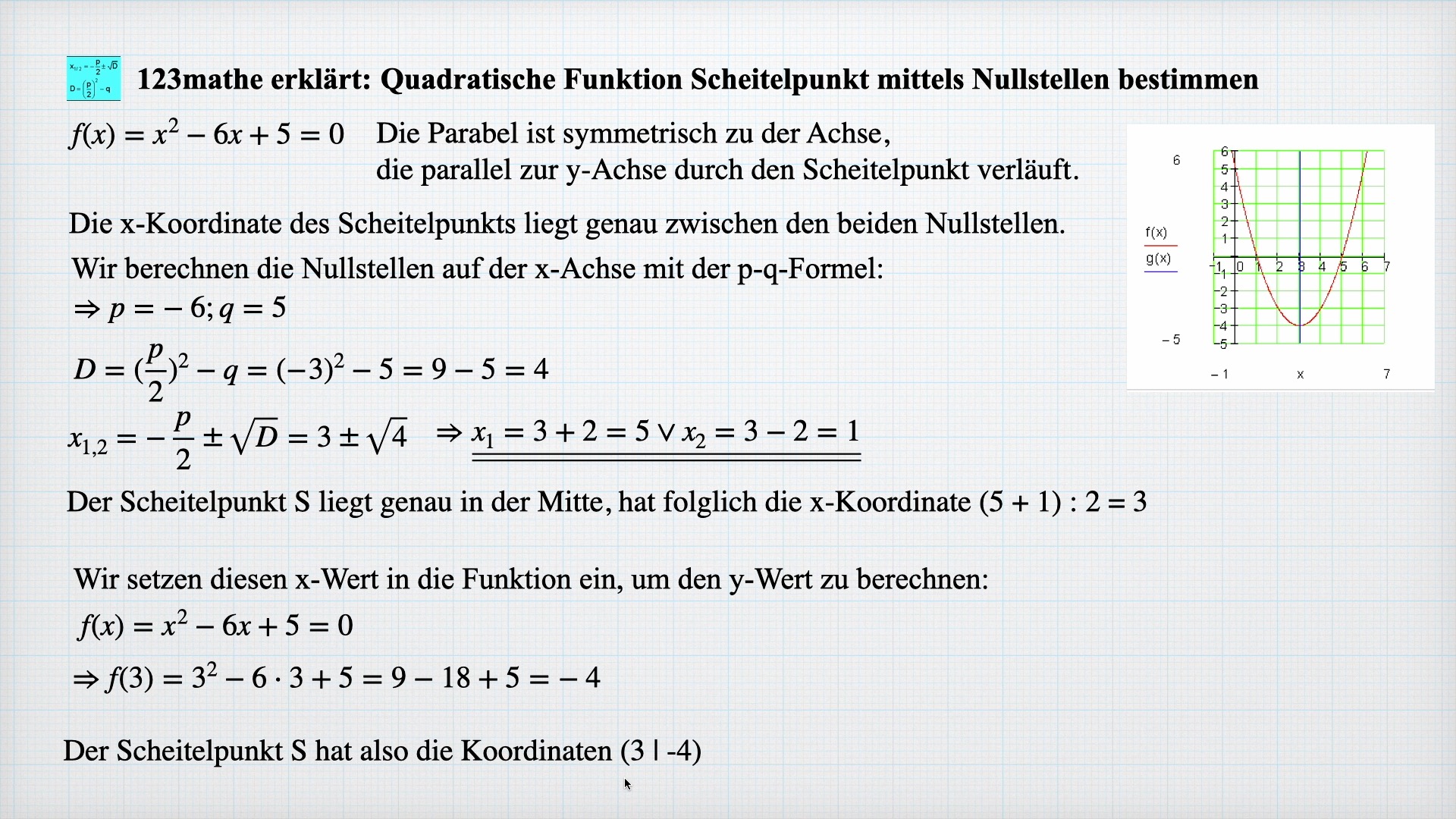 'Video thumbnail for Quadratische Funktion Scheitelpunkt über Nullstellen bestimmen'