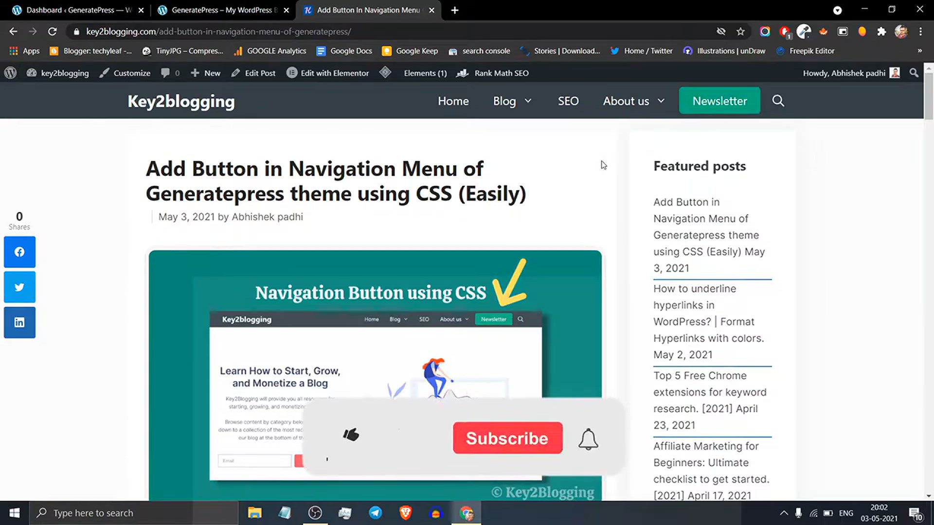'Video thumbnail for How to add Button in WordPress header navigation menu easily _ (without plugin )'