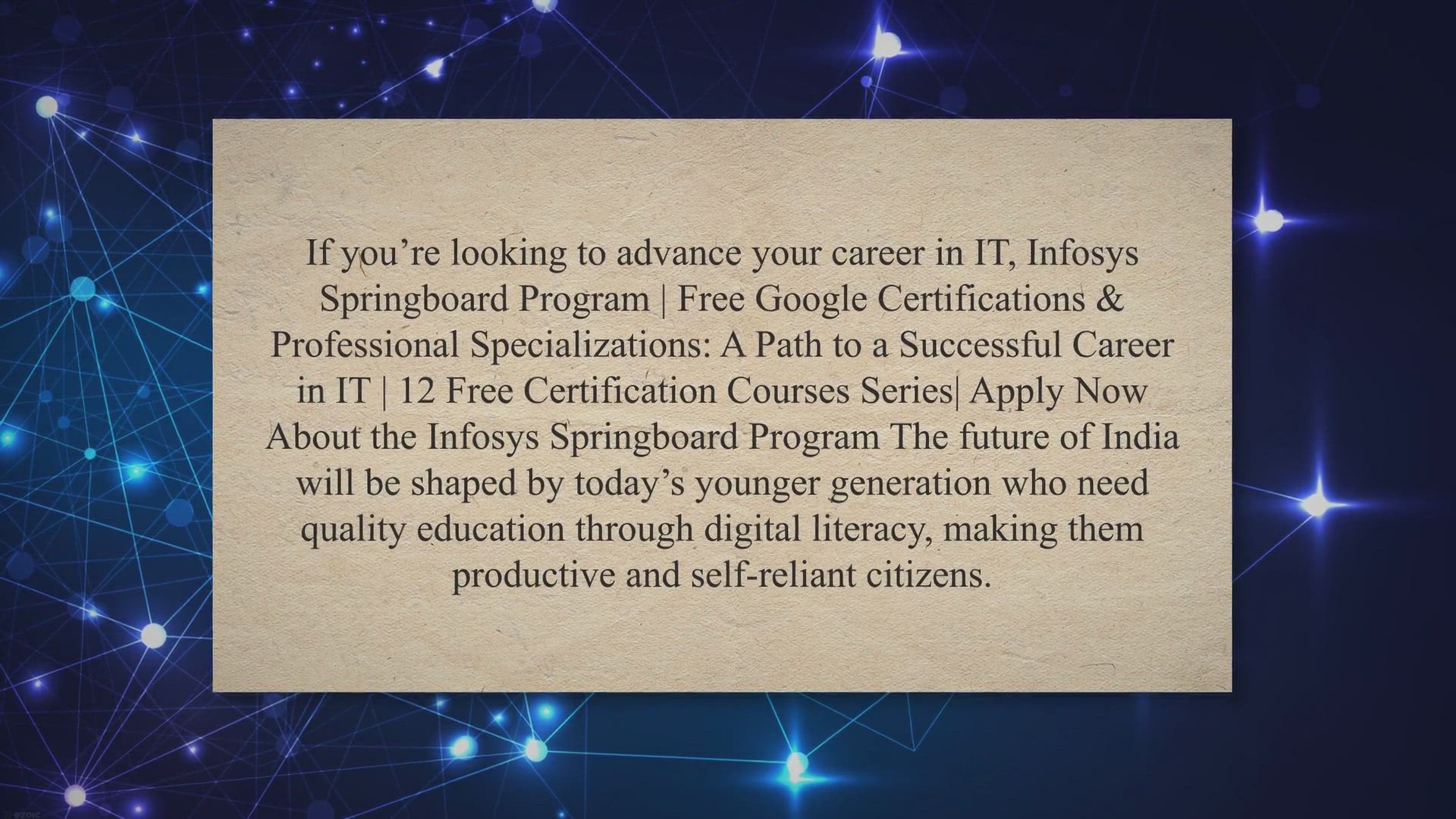 Video thumbnail for Infosys Springboard Program | Free Google Certifications & Professional Specializations: A Path to a Successful Career in IT | 12 Free Certification Courses Series| Apply Now