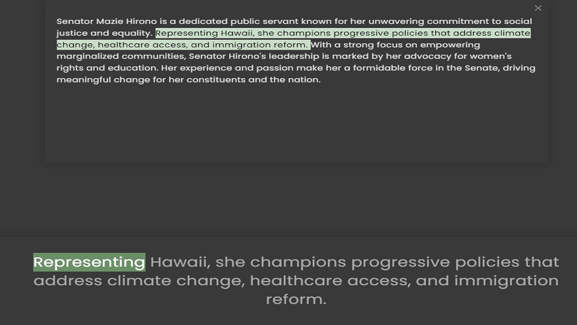 Video thumbnail for justice and equality. Representing Hawaii, she champions progressive policies that address climate change, healthcare access, and immigration reform. With a strong focus on empowering marginalized communities, Senator Hirono's leadership