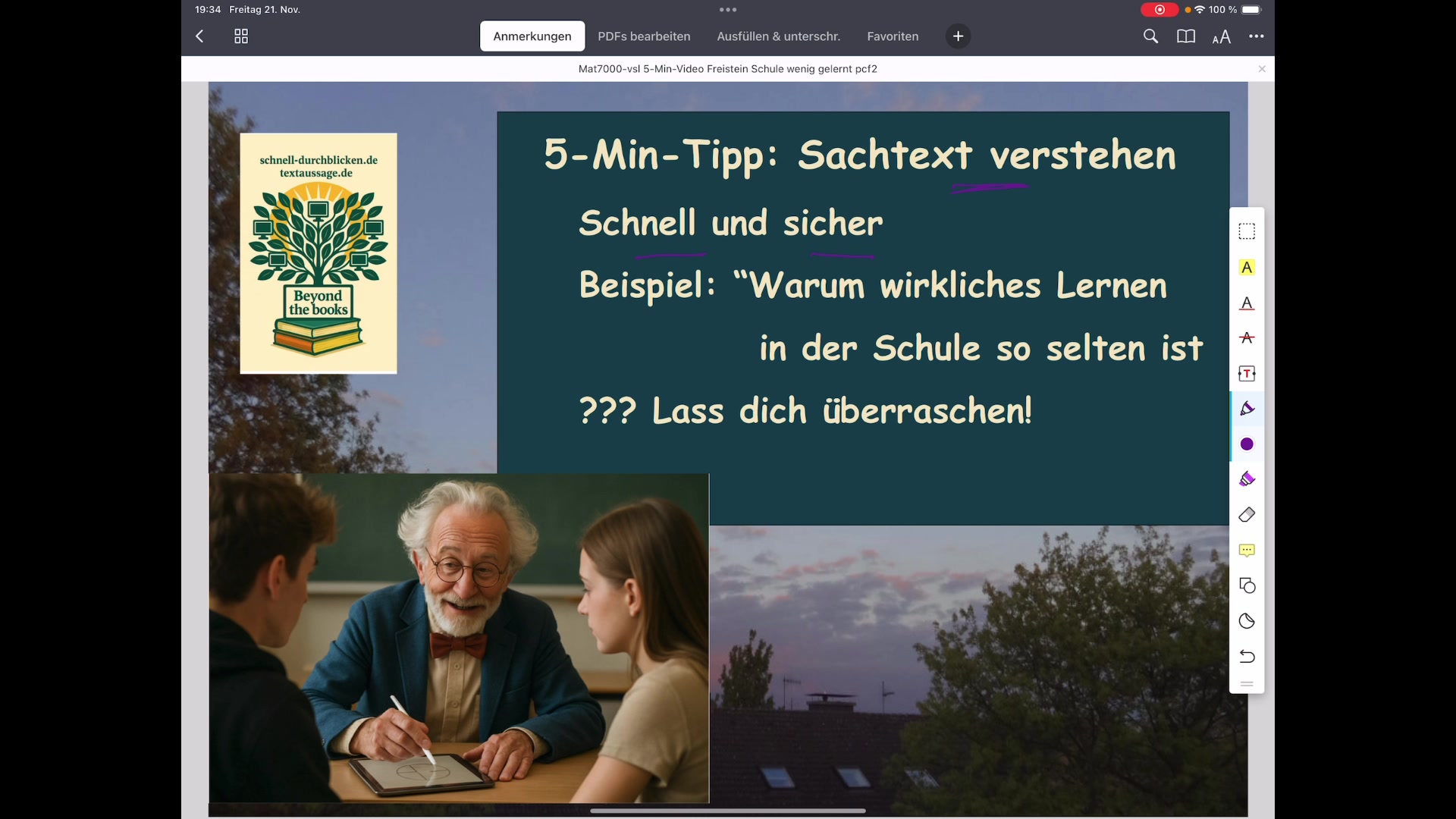 Video thumbnail for Sachtext Inhalt u. Aussage verstehen - Beispiel: Thema: wirkliches Lernen in der Schule selten?
