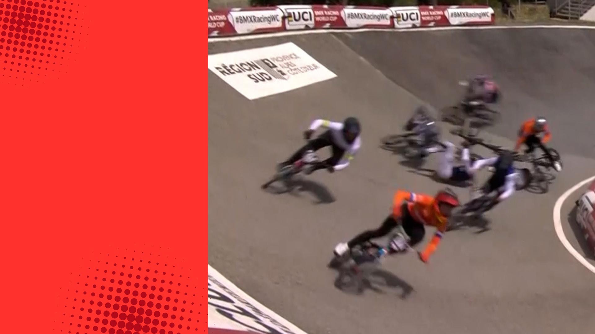 'Video thumbnail for Head over heels - Four crash out during big BMX World Cup men's under-23 incident in Sarrians, France'