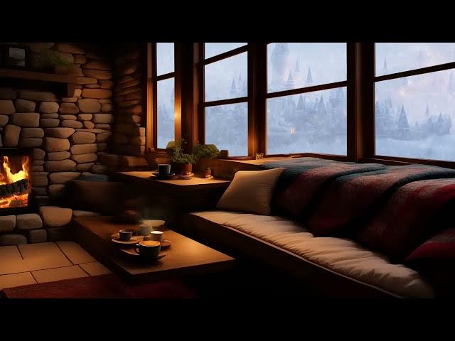 Video thumbnail for On a snowstorm day, a cozy cabin outside the castle, with a fireplace and the sound of wind and