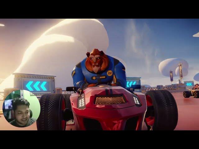 'Video thumbnail for cartoon racing game, futuristic karts, vibrant colors, dynamic motion, racing track in the sky'