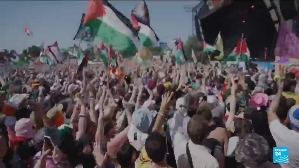 'Video thumbnail for Irish rap group Kneecap perform controversial Glastonbury set'