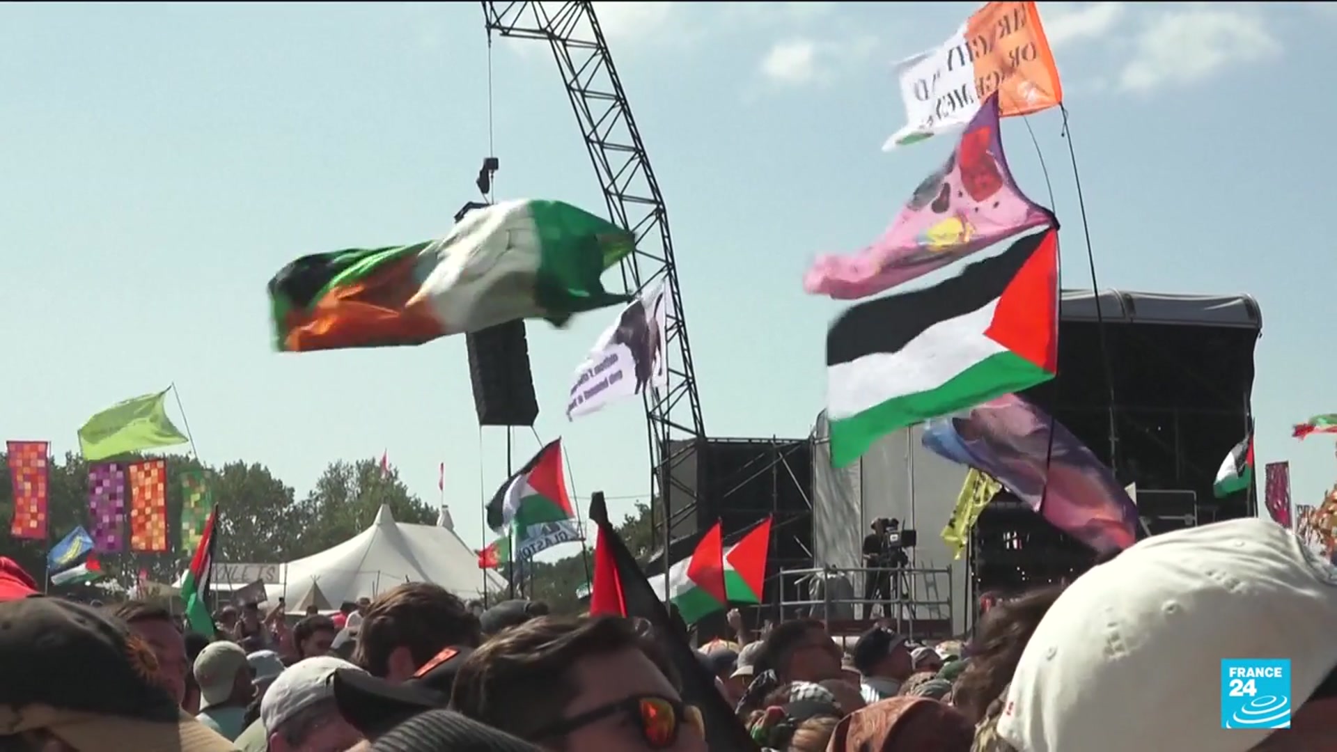 'Video thumbnail for Irish rap group Kneecap perform controversial Glastonbury set'