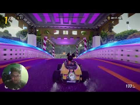 'Video thumbnail for cartoon racing scene, vibrant colors, go-kart on a purple track, futuristic'
