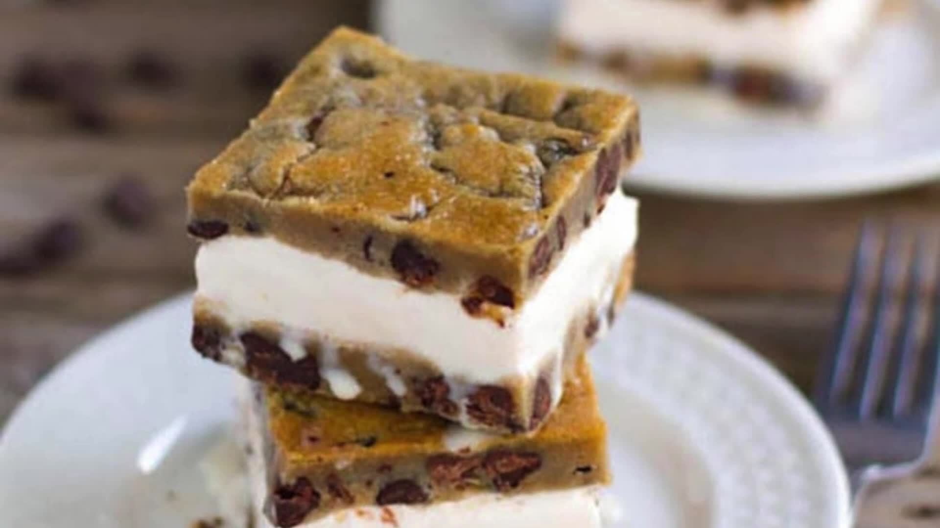 'Video thumbnail for Chocolate Chip Cookie Ice Cream Bars recipe'