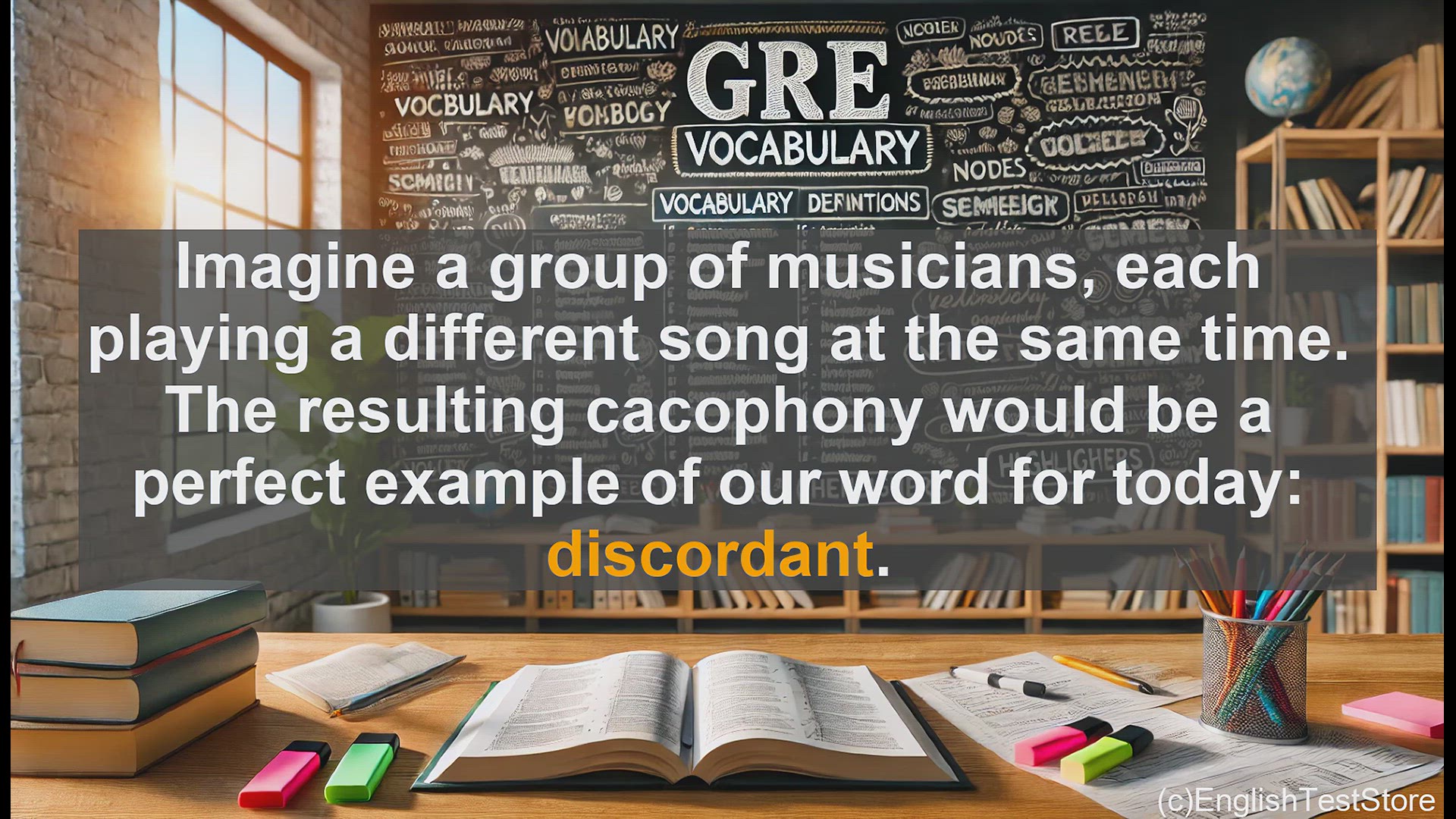 'Video thumbnail for GRE Vocabulary Lesson: Discordant Sounds and Ideas - Exploring the Clash of Harmony'