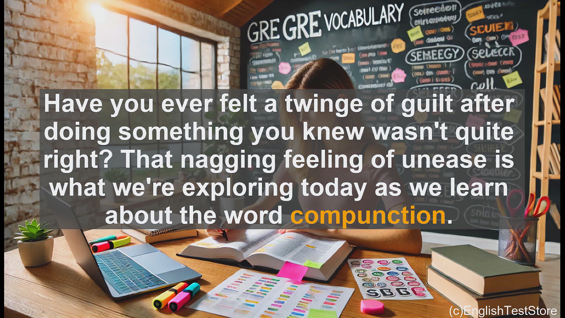 'Video thumbnail for GRE Vocabulary Lesson: Exploring the Meaning of Compunction - Guilt, Remorse, and the Pangs of Conscience'