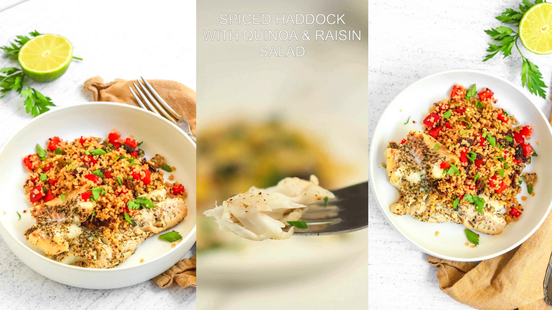 Video thumbnail for Spiced Haddock with Quinoa and Raisin Salad