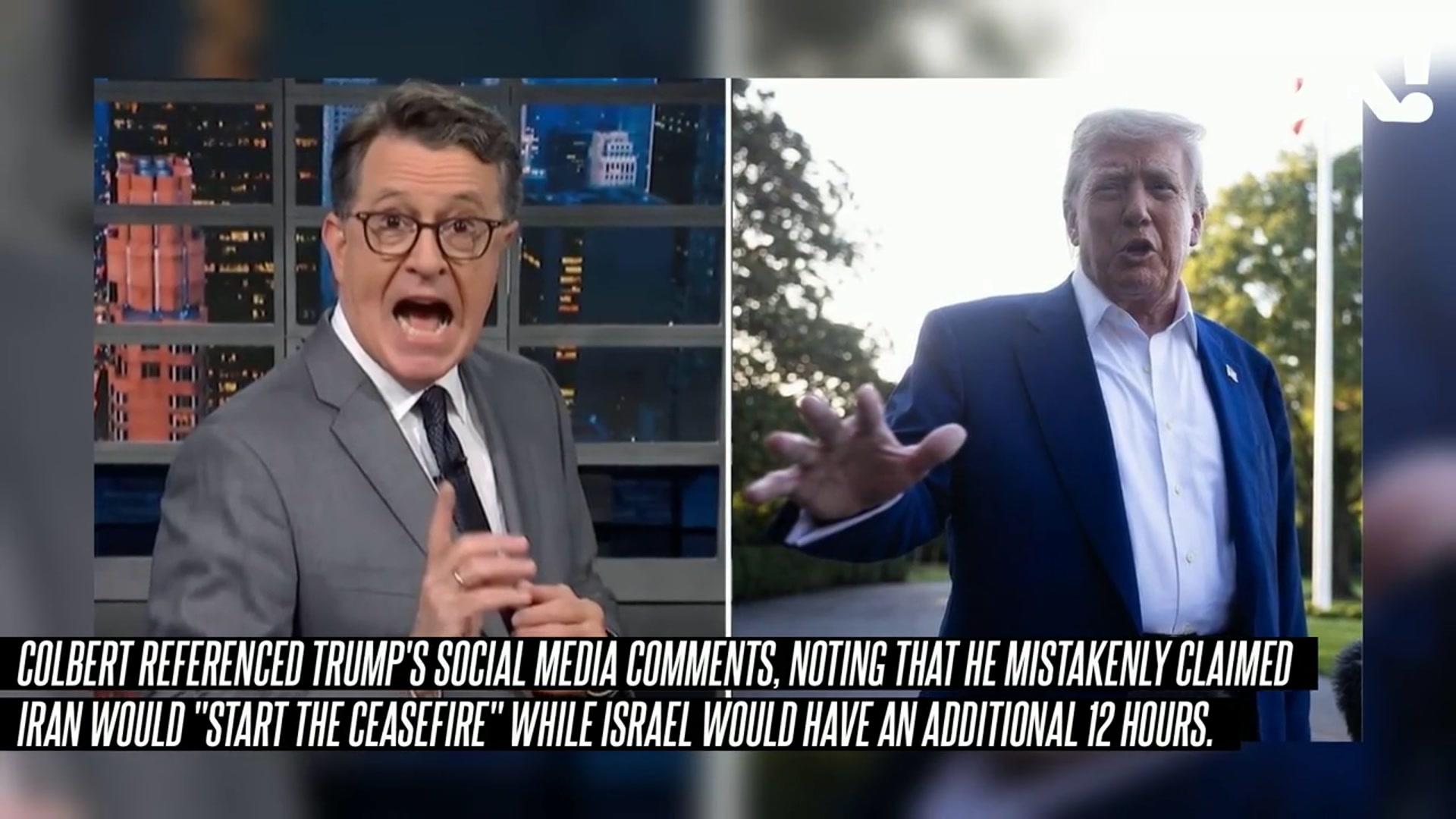 'Video thumbnail for 'Mad' Donald Trump Mocked by Stephen Colbert Over Expletive-Ridden Comment About Iran and Israel'