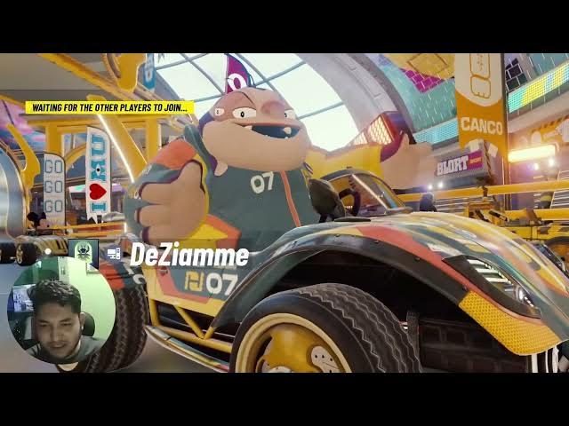 'Video thumbnail for cartoon character in a colorful racing suit, driving a custom go-kart, vibrant racing arena'