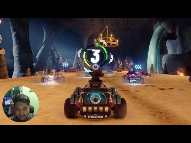 'Video thumbnail for cartoon character in a colorful racing suit, driving a custom go-kart, vibrant racing arena'