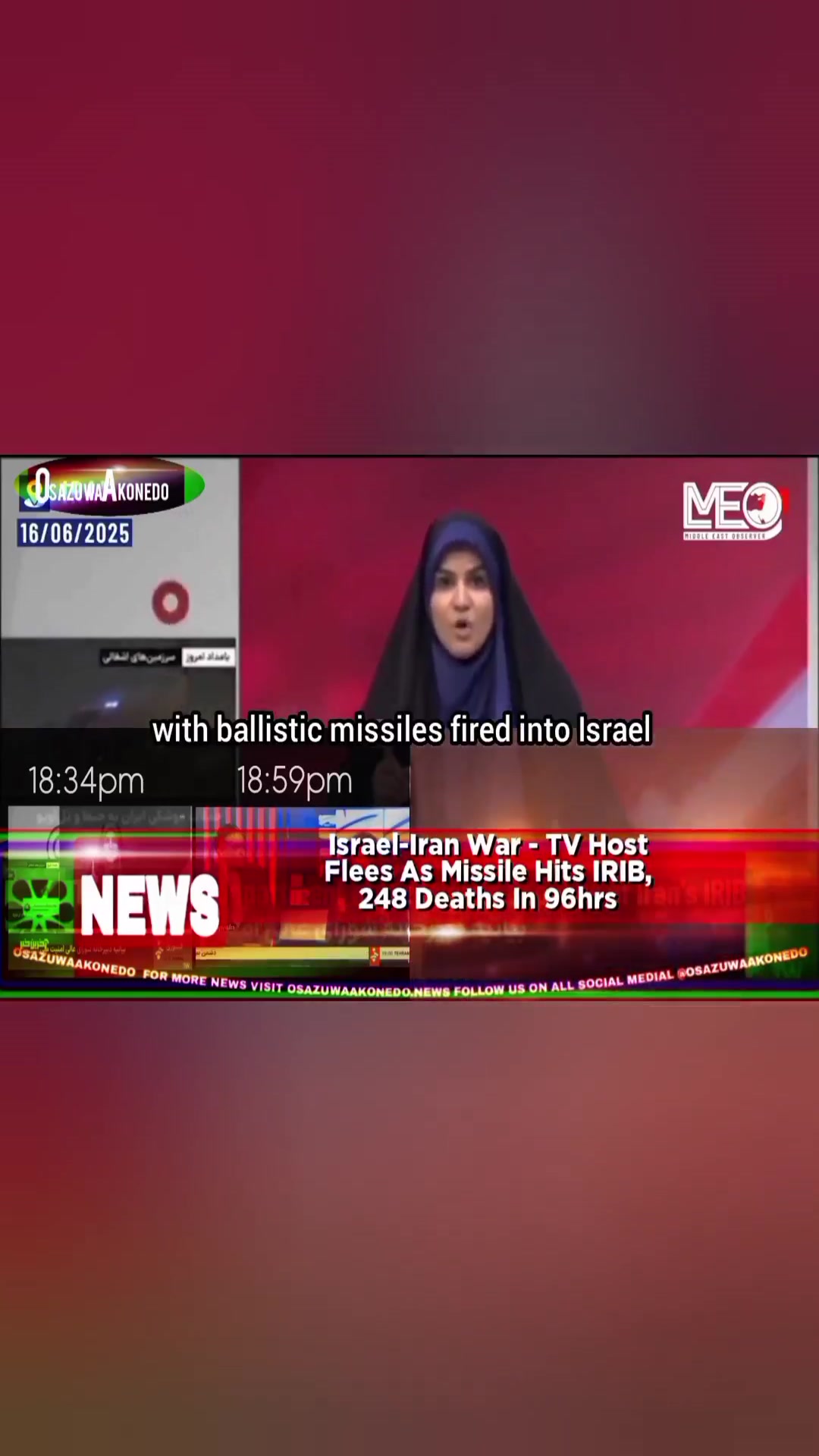 'Video thumbnail for Israel-Iran War - TV Host Flees As Missile Hits IRIB, 248 Deaths In 96hrs '