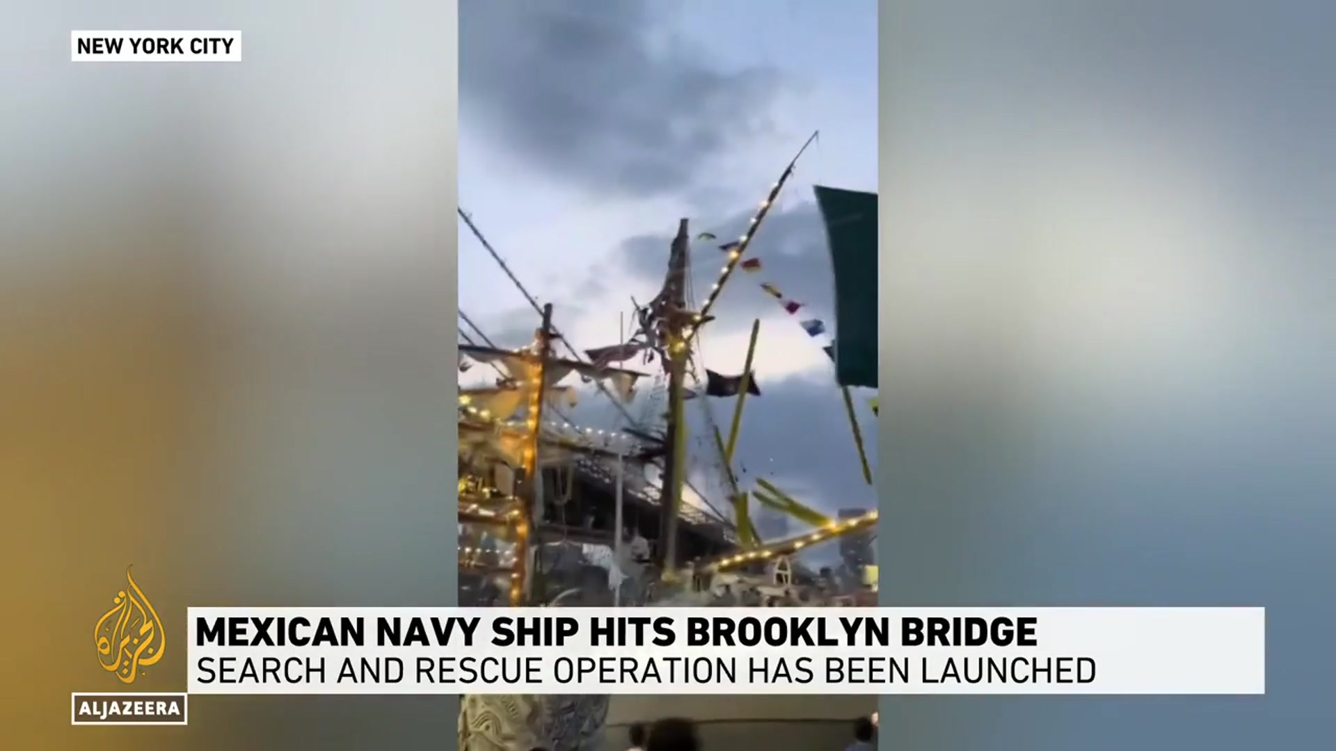 'Video thumbnail for Mexican navy training ship crashes into New York's Brooklyn Bridge, injuring 19 people'