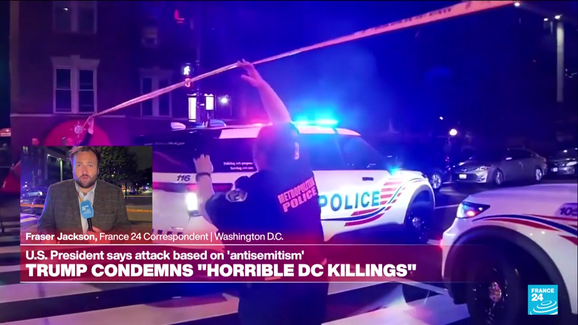 'Video thumbnail for Trump denounces killings of two Israeli embassy staff in Washington'