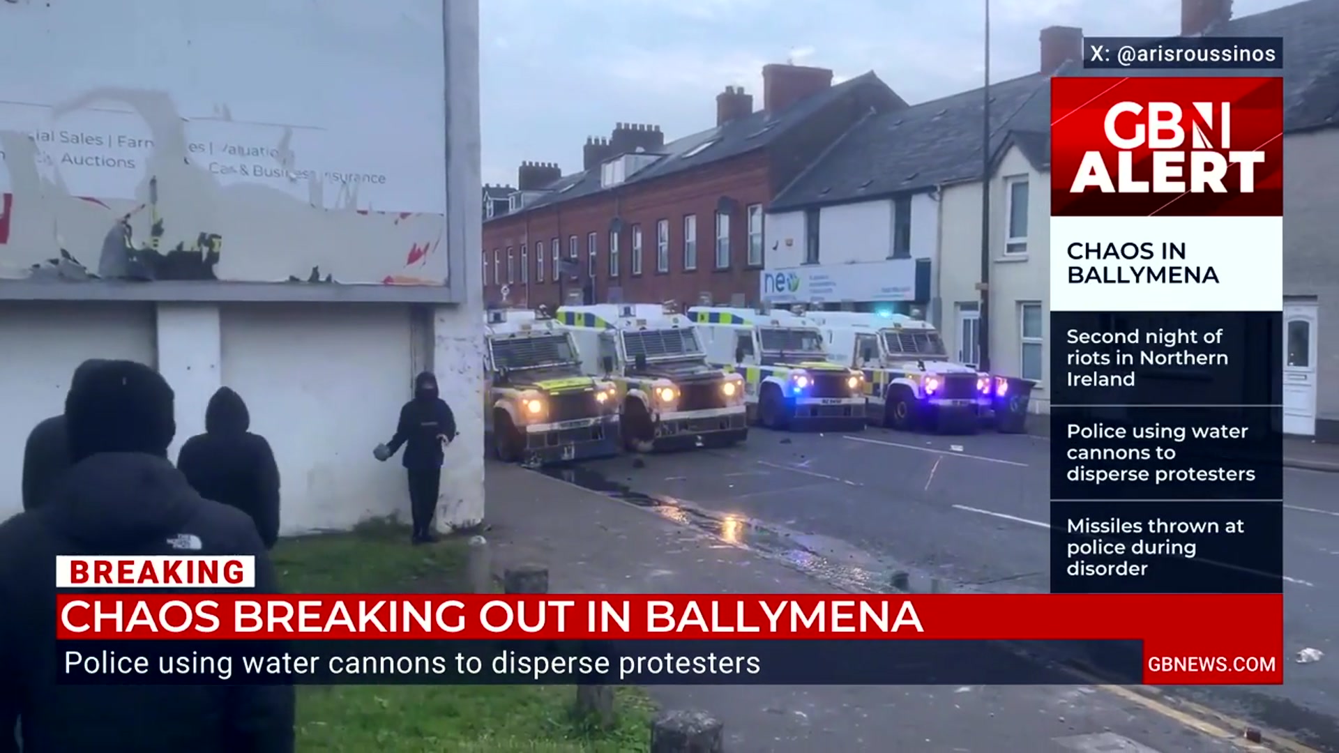 'Video thumbnail for Ballymena riots: GB News’s Mark White says police facing ‘molotov of cocktails’ on second night of violence'