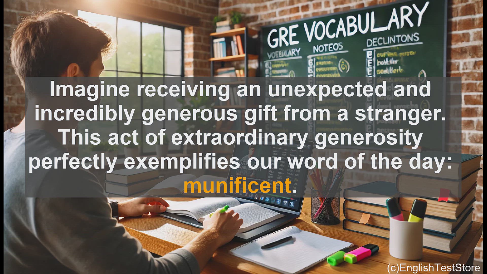 'Video thumbnail for GRE Vocabulary Lesson: Experiencing Extraordinary Generosity - The Meaning of Munificent'