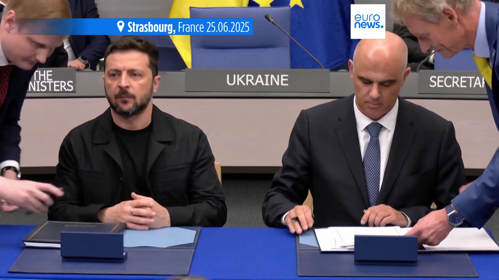 'Video thumbnail for Zelenskyy, Council of Europe sign agreement to launch Ukraine War tribunal'