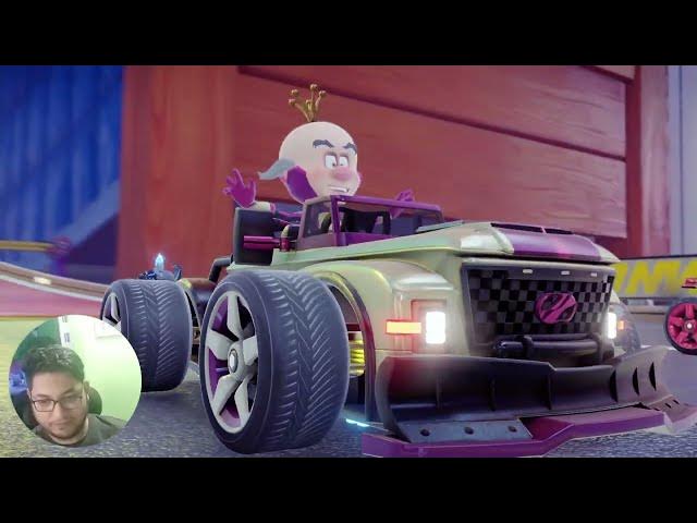 'Video thumbnail for cartoon character in a racing car, vibrant colors, exaggerated features, dynamic action scene'