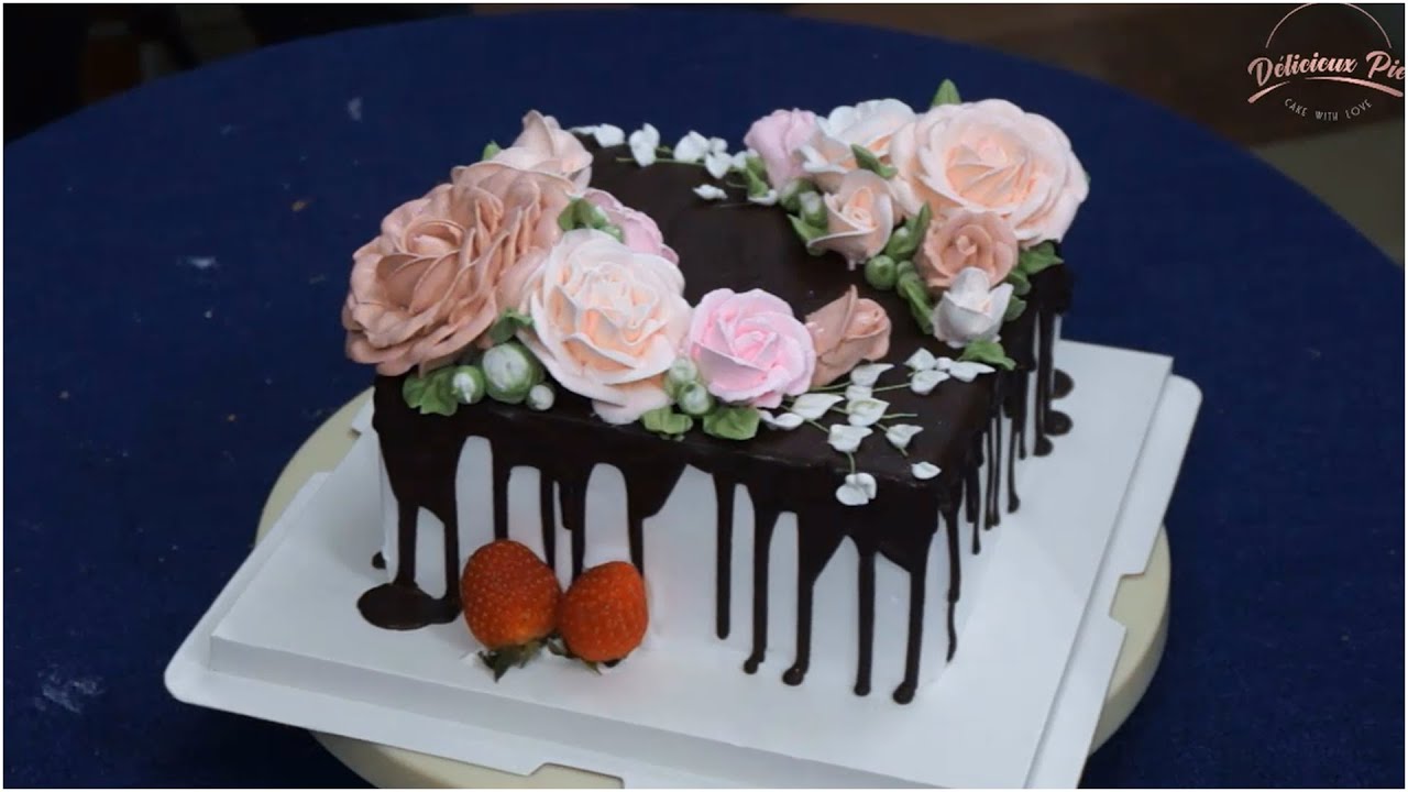 Video thumbnail for Beautiful rose flower cake filled with chocolate drip for your birthday