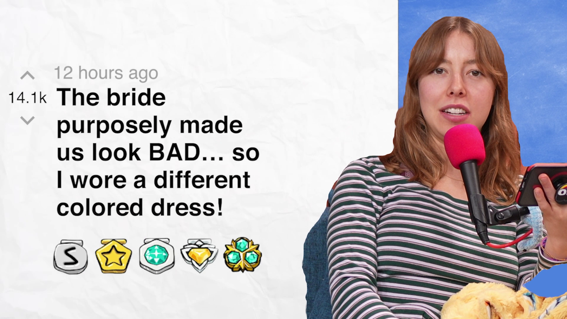 'Video thumbnail for The bride purposely made us look BAD… so I wore a different colored dress! Part 2 - r/BORUpdates | Reddit Stories'