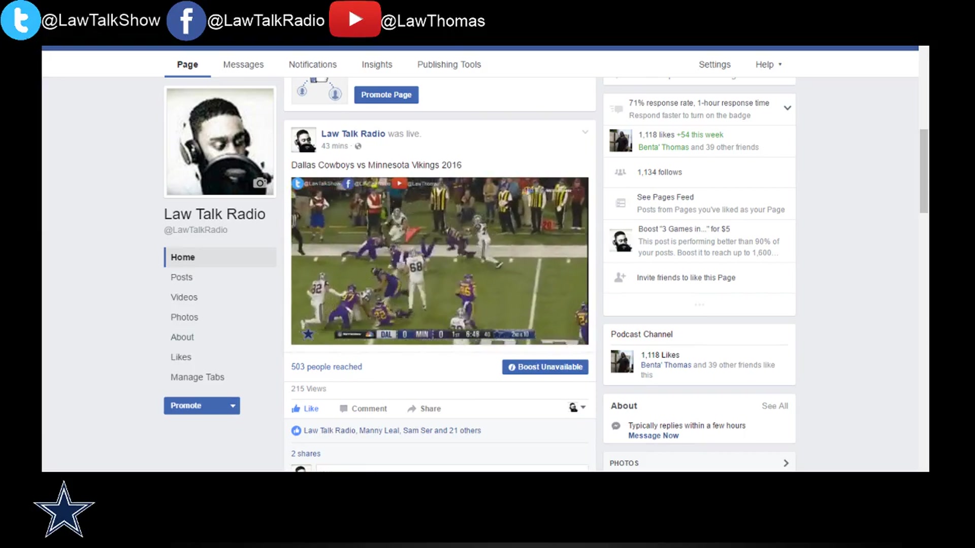 'Video thumbnail for law nation sports: dallas cowboys vs vikings 2016 nfl game facebook live'