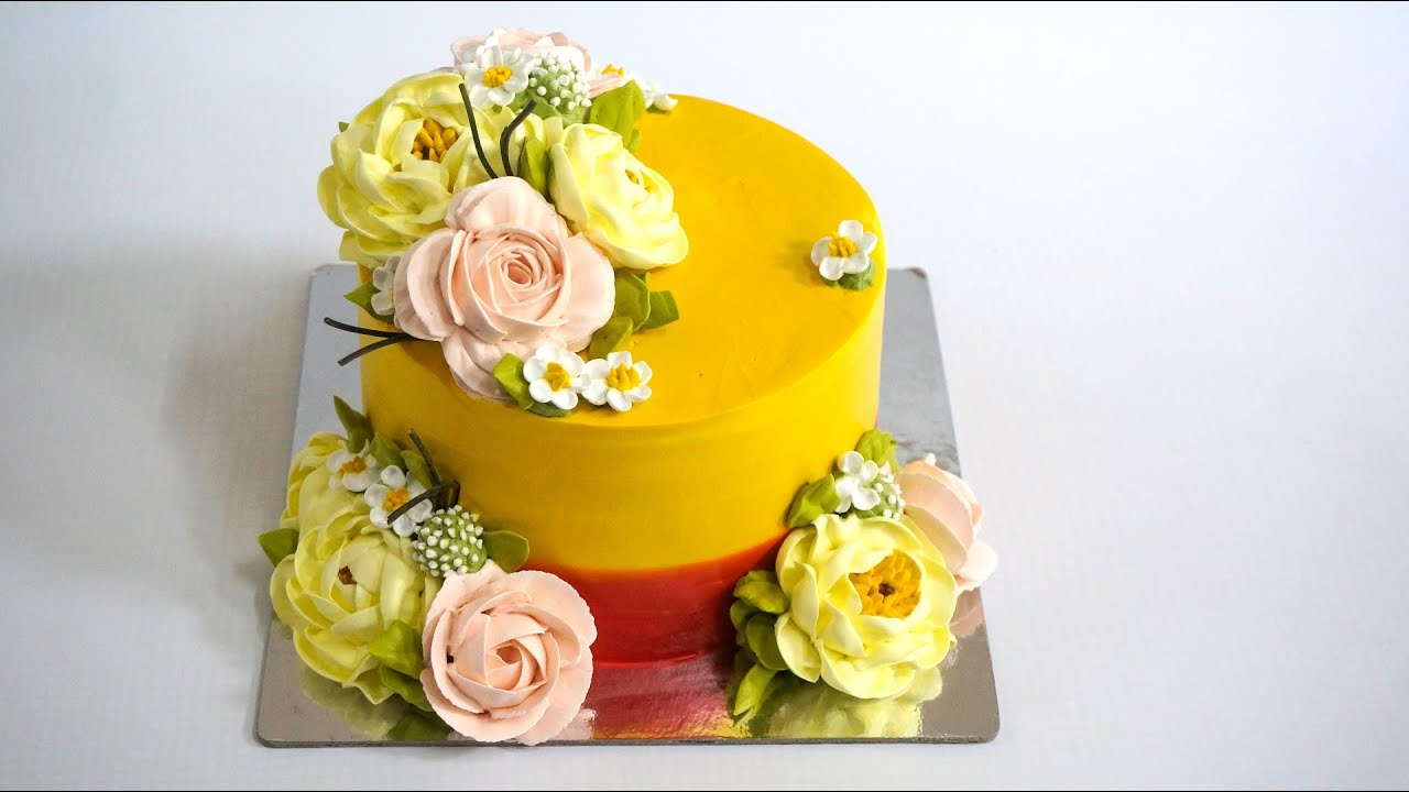 Video thumbnail for Beautiful yellow flowers birthday cake for anniversary