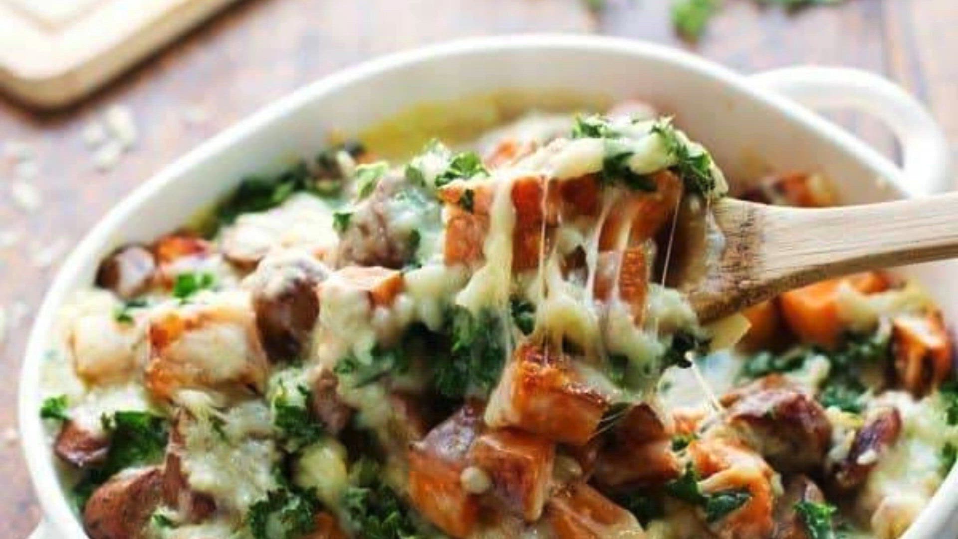 'Video thumbnail for Sweet Potato, Kale, and Sausage Bake with White Cheese Sauce recipe'