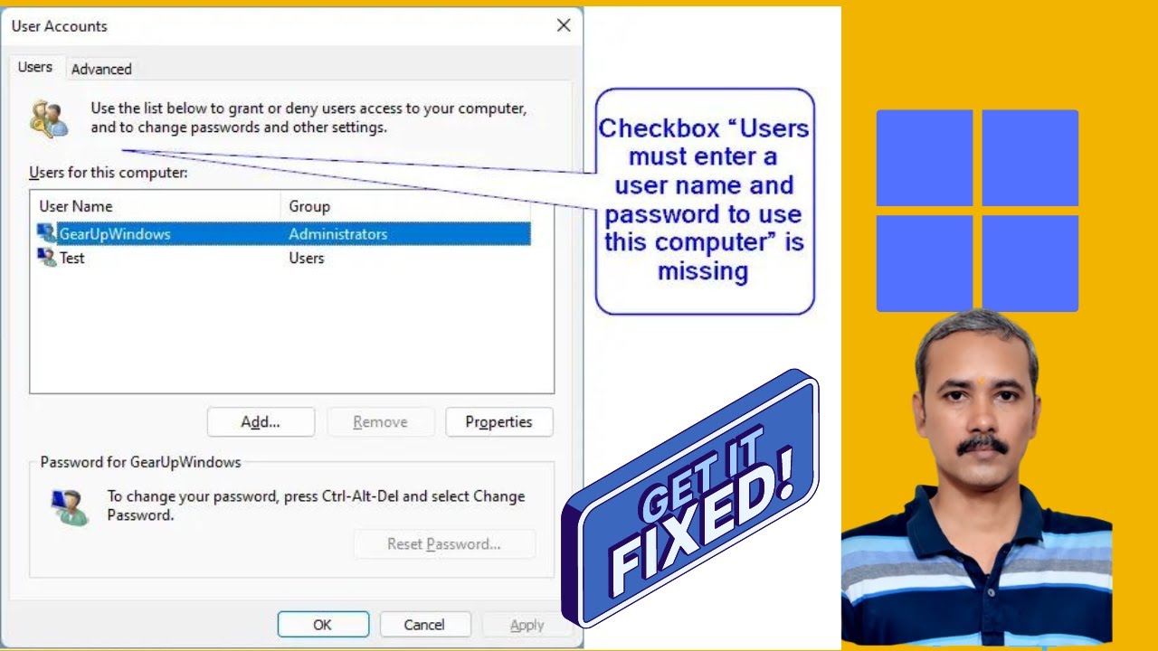 'Video thumbnail for Fix Missing Checkbox “Users must enter a user name and password to use this computer” on Windows 11'