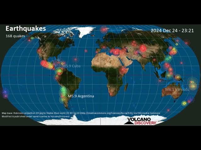 Video thumbnail for Animated worldwide earthquakes time-lapse: December 2024 in 25 seconds