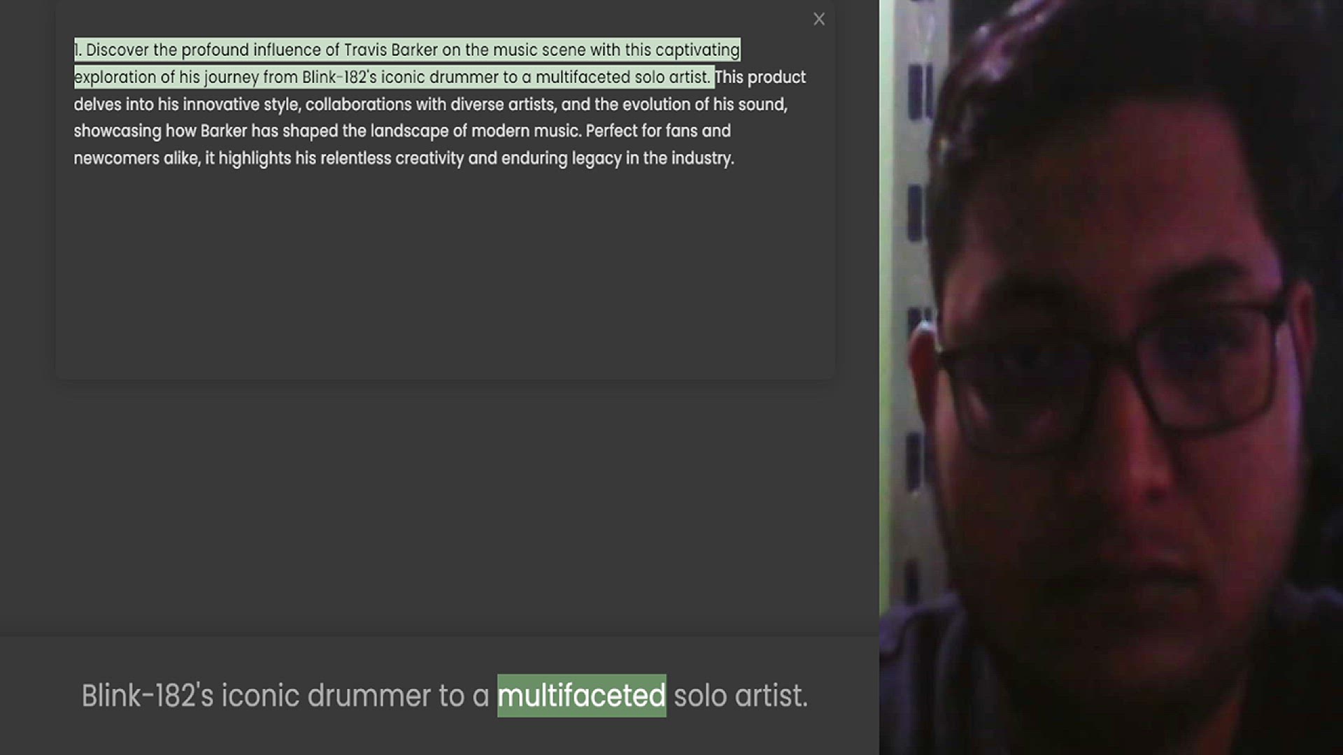 Video thumbnail for 1. Discover the profound influence of Travis Barker on the music scene with this captivating exploration of his journey from Blink-182's iconic drummer to a multifaceted solo artist. This product delves into his innovative style, collabor