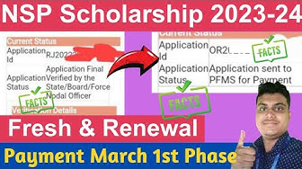 'Video thumbnail for NSP Scholarship 2023-24 Fresh & Renewal🔥 Payment Update | NSP 2023-24 Sent to PFMS | NSP 2024 Update'
