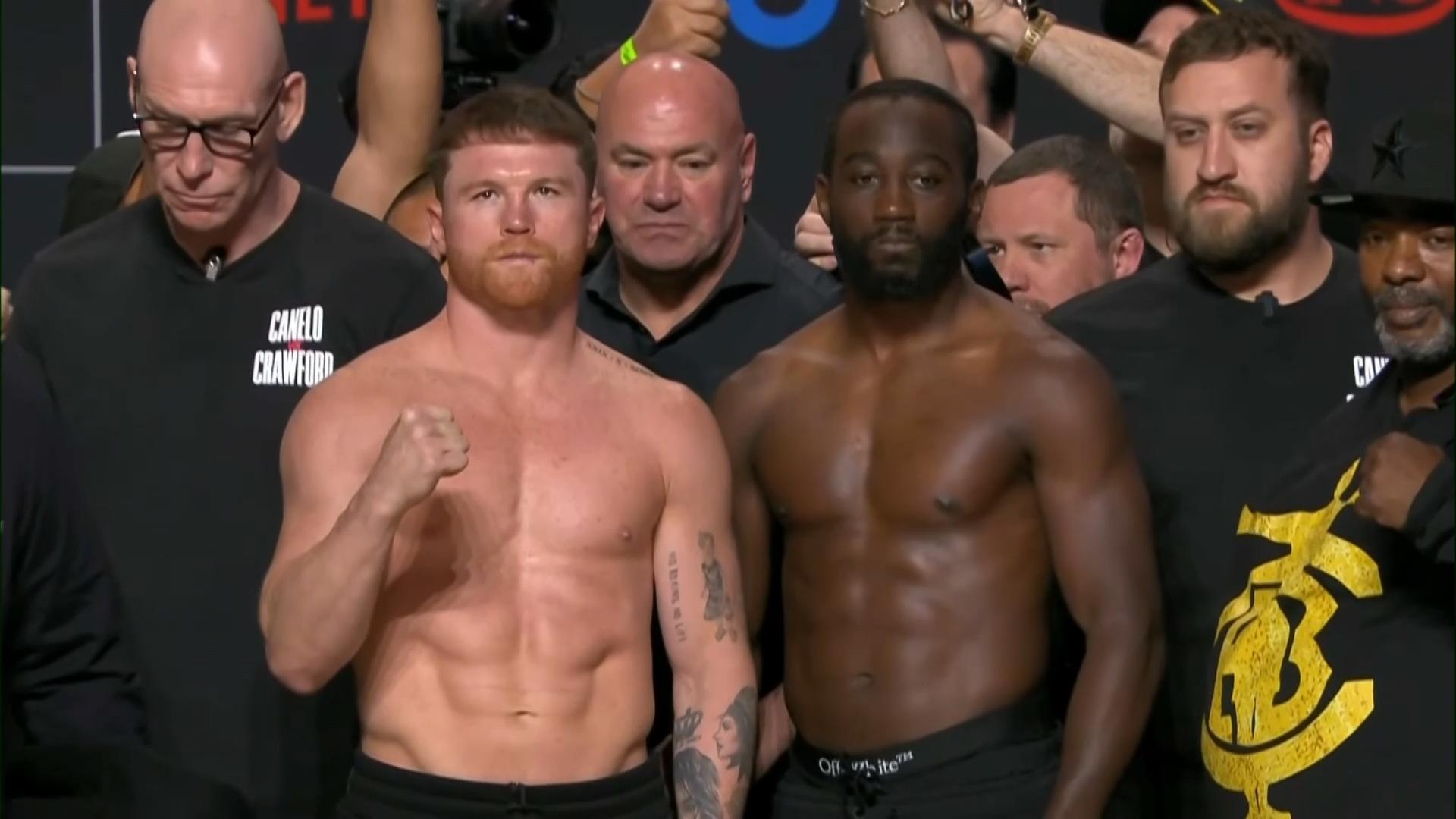 Video thumbnail for Both Canelo and Crawford weigh in at 167.5 pounds ahead of Las Vegas fight