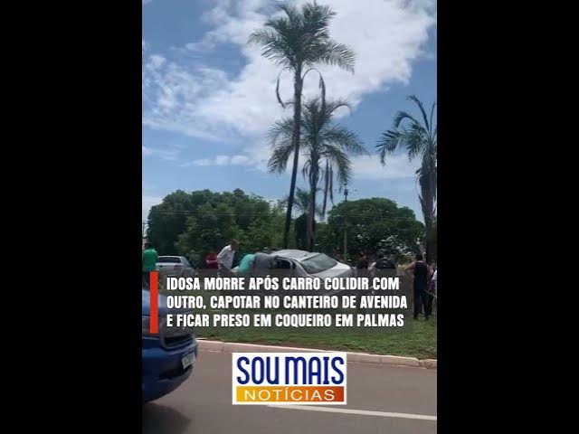 'Video thumbnail for Idosa morre após carro colidir com outro, capotar e ficar preso em coqueiro de canteiro em Palmas'