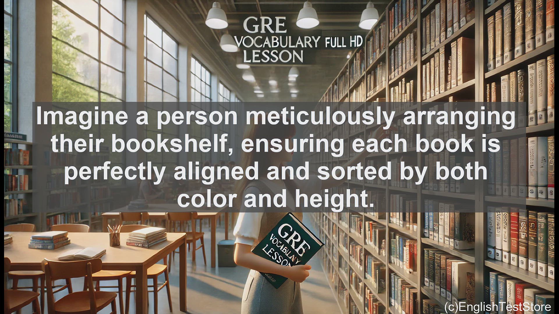 'Video thumbnail for GRE Vocabulary Lesson: The Art of Fastidiousness - Meticulously Arranging the Bookshelf'