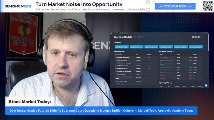 Video thumbnail for Stock Market Today: Supreme Court Questions Trump's Tariffs—Coherent, Marvell Tech, Applovin, Apple In Focus
