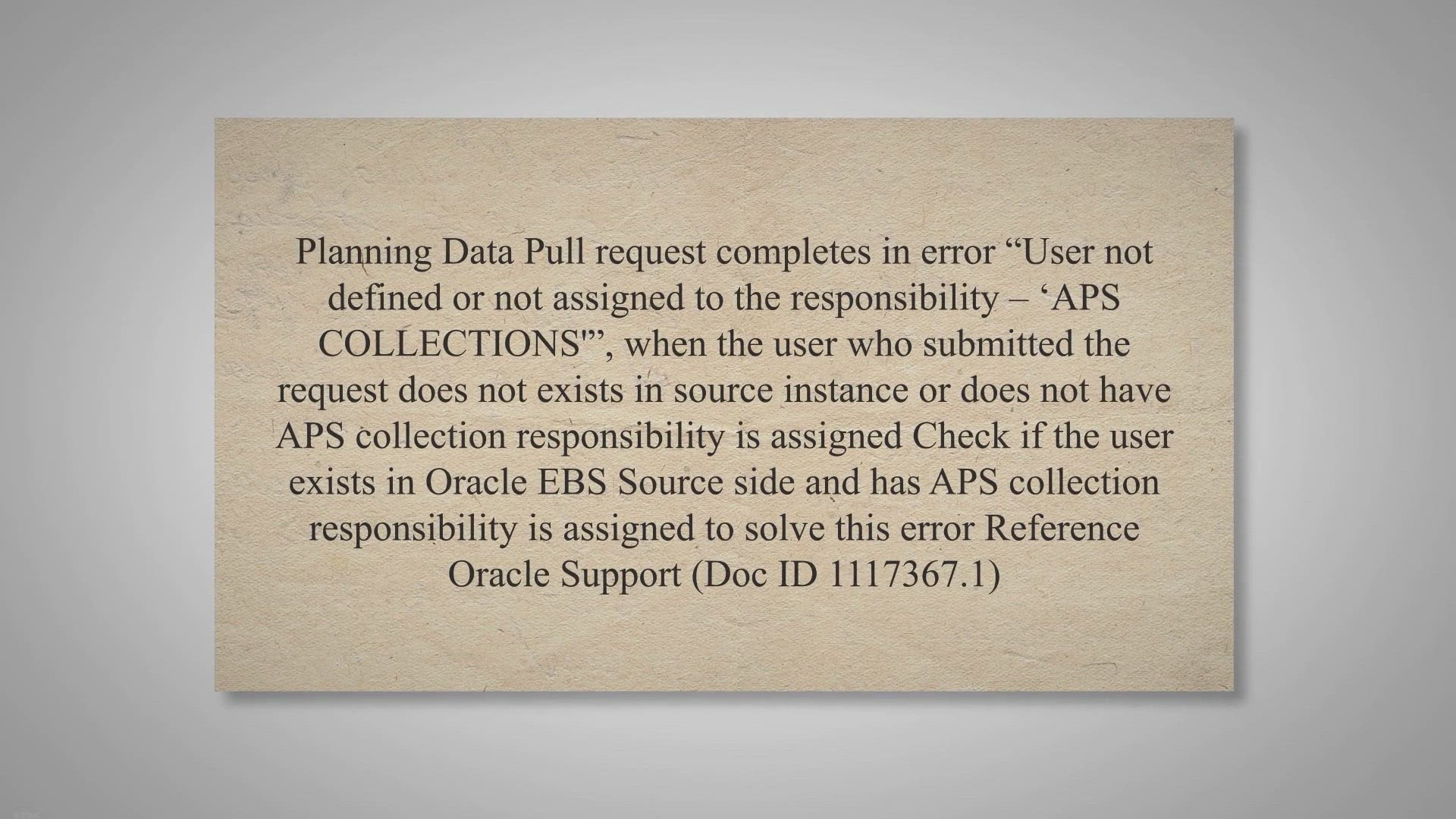 'Video thumbnail for How to fix Planning Data Pull error “User not defined or not assigned to the responsibility – ‘APS COLLECTIONS’'