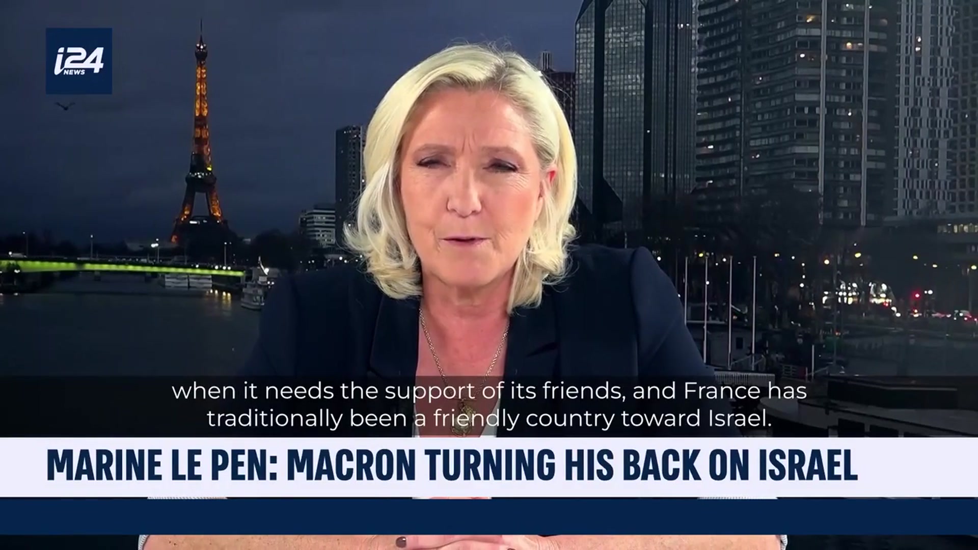 'Video thumbnail for Marine Le Pen accuses Macron of turning back on Israel'